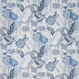Sandoway Vine Delft blue floral wallpaper by Schumacher, inspired by 19th-century French Indienne prints, shown in a room setting and close-up details.