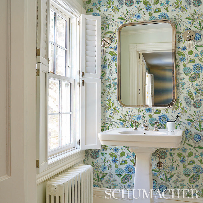 Roca Redonda Blue & Ivory by Schumacher Perennial Favorites Digital Print Wallpaper – Schumacher 5011620