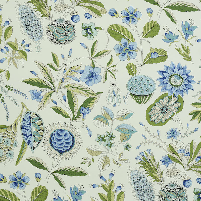 Roca Redonda wallpaper in blue and ivory with a fantastical rendering of flowers, branches, and seedpods, inspired by an 18th-century French document.