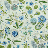 Roca Redonda wallpaper in blue and ivory with a fantastical rendering of flowers, branches, and seedpods, inspired by an 18th-century French document.