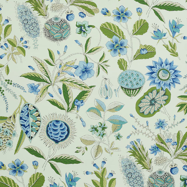 Roca Redonda wallpaper in blue and ivory with a fantastical rendering of flowers, branches, and seedpods, inspired by an 18th-century French document.