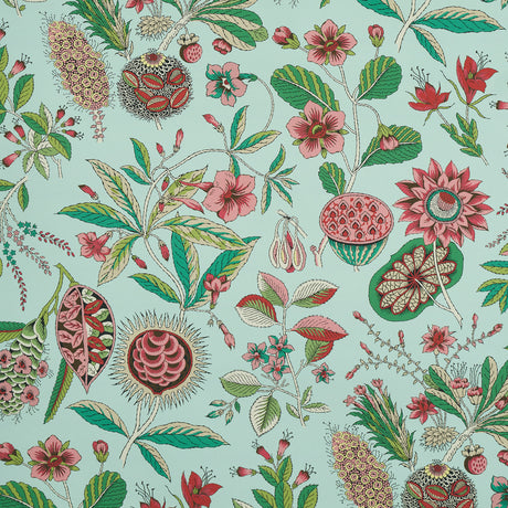 Fantastical floral and botanical wallpaper in mineral and pink on a light background, inspired by an 18th-century French document, by Schumacher.