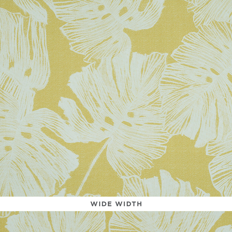 Del Coco wallpaper in yellow with a split leaf philodendron leaf pattern by Schumacher