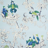 Chinoiserie Moderne blue wallpaper with whimsical figures, birds, and floral branches by Schumacher
