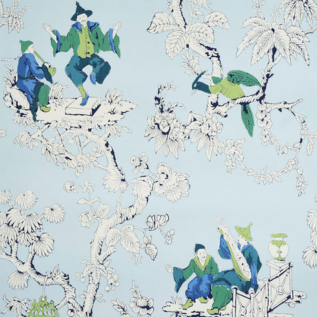 Chinoiserie Moderne blue wallpaper with whimsical figures, birds, and floral branches by Schumacher