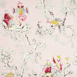 Chinoiserie Moderne wallpaper in pink with whimsical figures, birds, and floral motifs on a light background.