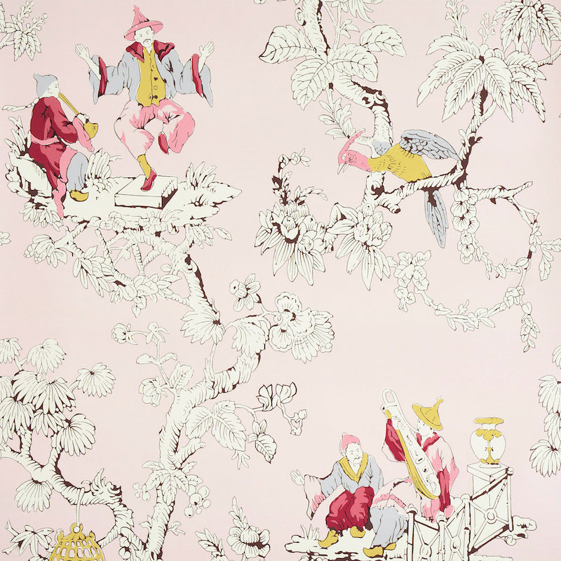 Chinoiserie Moderne wallpaper in pink with whimsical figures, birds, and floral motifs on a light background.