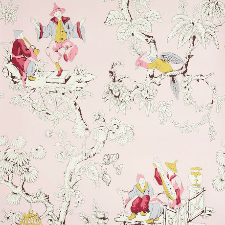 Chinoiserie Moderne wallpaper in pink with whimsical figures, birds, and floral motifs on a light background.
