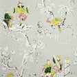 Chinoiserie Moderne Soft Grey wallpaper with whimsical figures, birds, and floral branches on a light background.