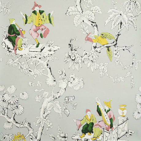 Chinoiserie Moderne Soft Grey wallpaper with whimsical figures, birds, and floral branches on a light background.