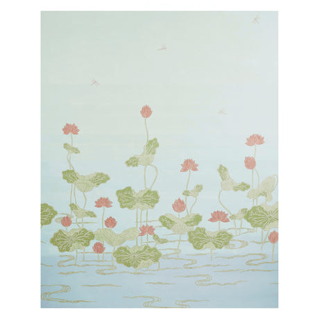 Kireina Lotus Panel Set in Mineral by Schumacher. A digitally printed wall mural featuring lotus flowers and leaves in soft green and pink on a pale blue background.