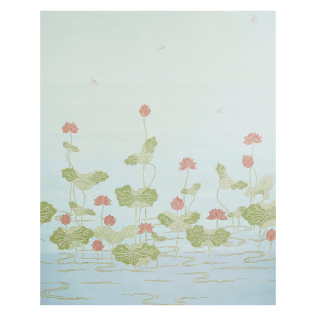 Kireina Lotus Panel Set in Mineral by Schumacher. A digitally printed wall mural featuring lotus flowers and leaves in soft green and pink on a pale blue background.