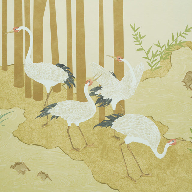 Yashinoki Crane Panel Set Gold by Schumacher Japanese Crane Mural Wallpaper – Schumacher 5011700