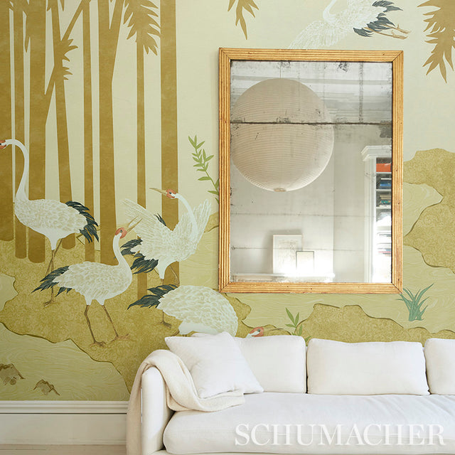 Yashinoki Crane Panel Set Gold by Schumacher Japanese Crane Mural Wallpaper – Schumacher 5011700