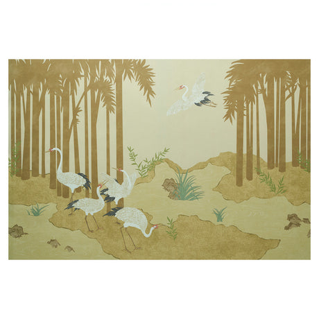 YASHINOKI CRANE PANEL SET mural featuring elegant cranes in a gold and neutral Japanese-inspired landscape with palm trees by Schumacher.