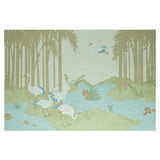 YASHINOKI CRANE PANEL SET mural wallpaper in Willow colorway featuring elegant cranes and palm trees in a Japanese-inspired scenic design by Schumacher.