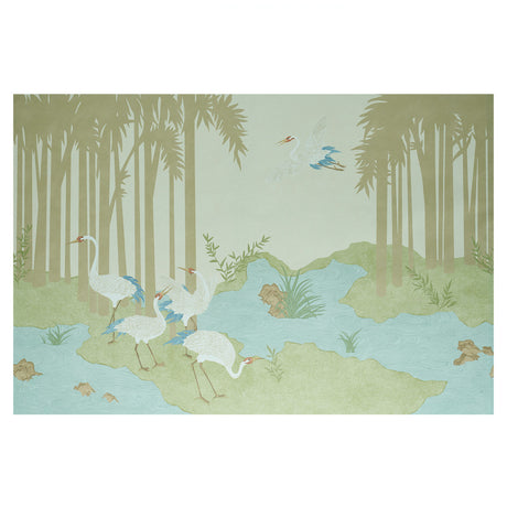 YASHINOKI CRANE PANEL SET mural wallpaper in Willow colorway featuring elegant cranes and palm trees in a Japanese-inspired scenic design by Schumacher.