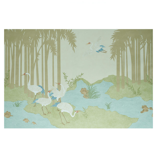 YASHINOKI CRANE PANEL SET mural wallpaper in Willow colorway featuring elegant cranes and palm trees in a Japanese-inspired scenic design by Schumacher.