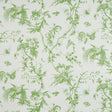 TOILE DE LA PRAIRIE green wallpaper by Schumacher featuring songbirds, butterflies, and blooming branches in a scenic toile pattern.