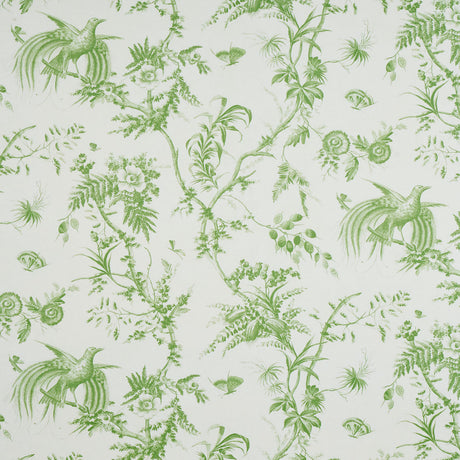 TOILE DE LA PRAIRIE green wallpaper by Schumacher featuring songbirds, butterflies, and blooming branches in a scenic toile pattern.