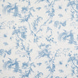 Blue and white toile wallpaper featuring songbirds, butterflies, blooming branches, and seed pods in a scenic, bucolic pattern.