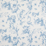 Blue and white toile wallpaper featuring songbirds, butterflies, blooming branches, and seed pods in a scenic, bucolic pattern.