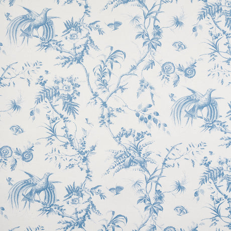 Blue and white toile wallpaper featuring songbirds, butterflies, blooming branches, and seed pods in a scenic, bucolic pattern.