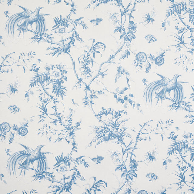 Blue and white toile wallpaper featuring songbirds, butterflies, blooming branches, and seed pods in a scenic, bucolic pattern.