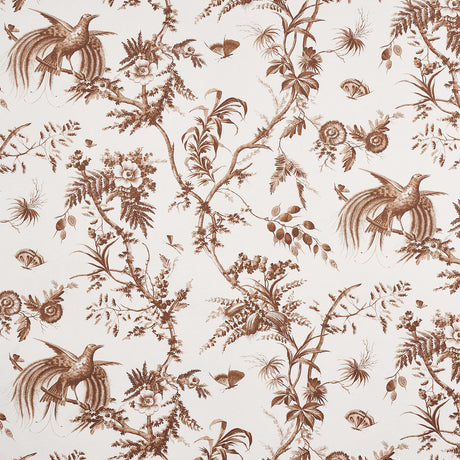 TOILE DE LA PRAIRIE wallpaper in brown featuring songbirds, butterflies, blooming branches, and seed pods in a bucolic toile pattern by Jill Lasersohn for Schumacher.