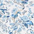 Cranley Garden wallpaper in blue by Schumacher, featuring a lively floral and bird pattern in blue and white tones.