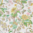 Cranley Garden wallpaper by Schumacher featuring a lively floral and bird pattern in pink, green, and yellow on a light background.