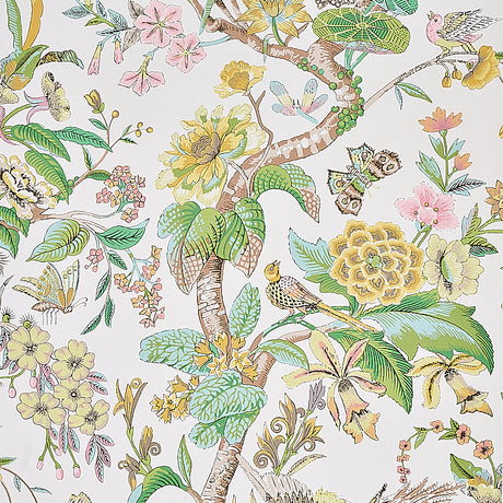 Cranley Garden wallpaper by Schumacher featuring a lively floral and bird pattern in pink, green, and yellow on a light background.