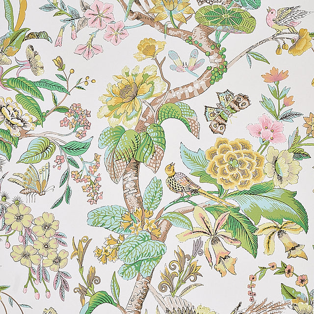 Cranley Garden wallpaper by Schumacher featuring a lively floral and bird pattern in pink, green, and yellow on a light background.