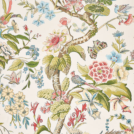 Cranley Garden wallpaper in Document colorway by Schumacher, featuring a botanical and bird motif in multicolor on a light background.