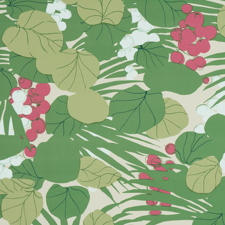 Painterly sea grapes and palm leaves in green, white, and pink on a tropical wallpaper by Schumacher.