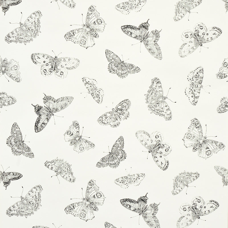 Burnell Butterfly wallpaper in ivory by Schumacher features a whimsical butterfly stamp design with tonal variations in metallics.