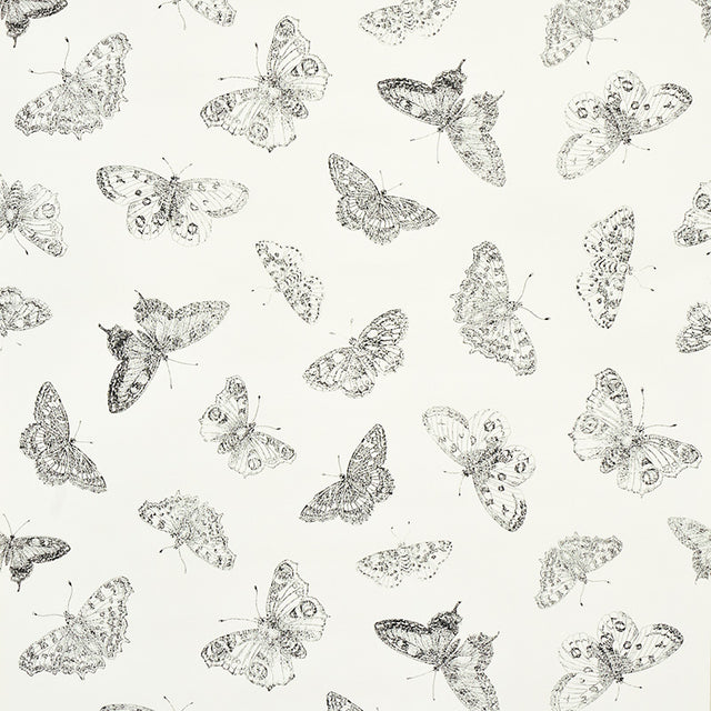 Burnell Butterfly wallpaper in ivory by Schumacher features a whimsical butterfly stamp design with tonal variations in metallics.