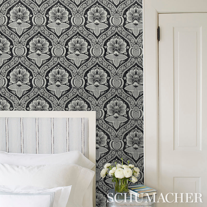 Villandry Damask Print Blue by Schumacher Elegant Damask Wallpaper – Schumacher 5011750