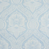 Villandry Damask Print wallpaper in blue and white, featuring a stylized damask pattern inspired by French country estates.