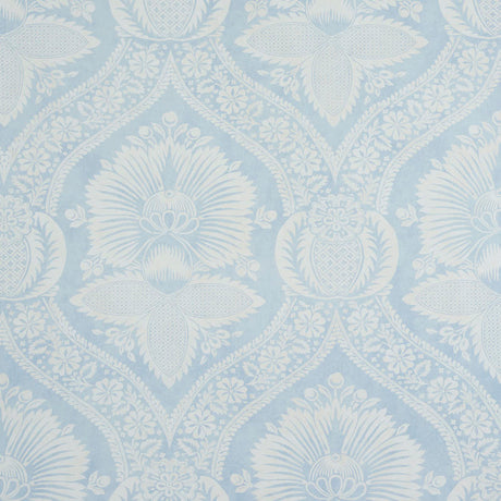 Villandry Damask Print wallpaper in blue and white, featuring a stylized damask pattern inspired by French country estates.