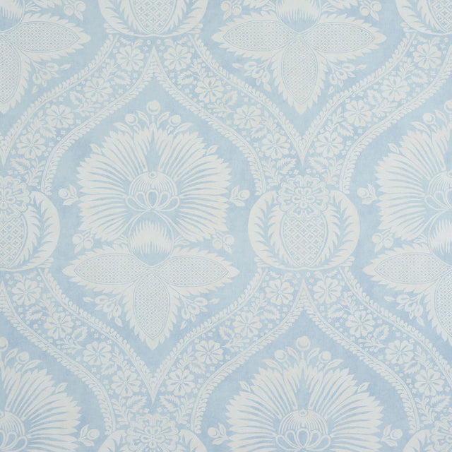 Villandry Damask Print wallpaper in blue and white, featuring a stylized damask pattern inspired by French country estates.