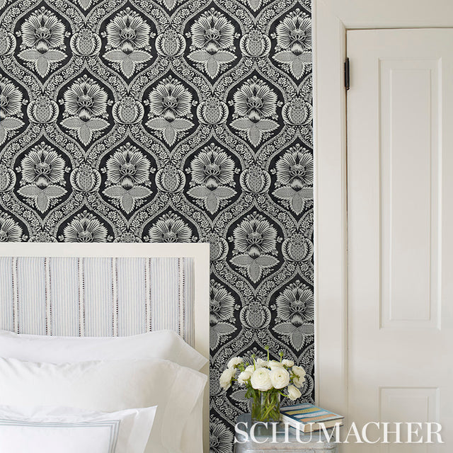 Villandry Damask Print Neutral by Schumacher Damask Wallpaper – Schumacher 5011751