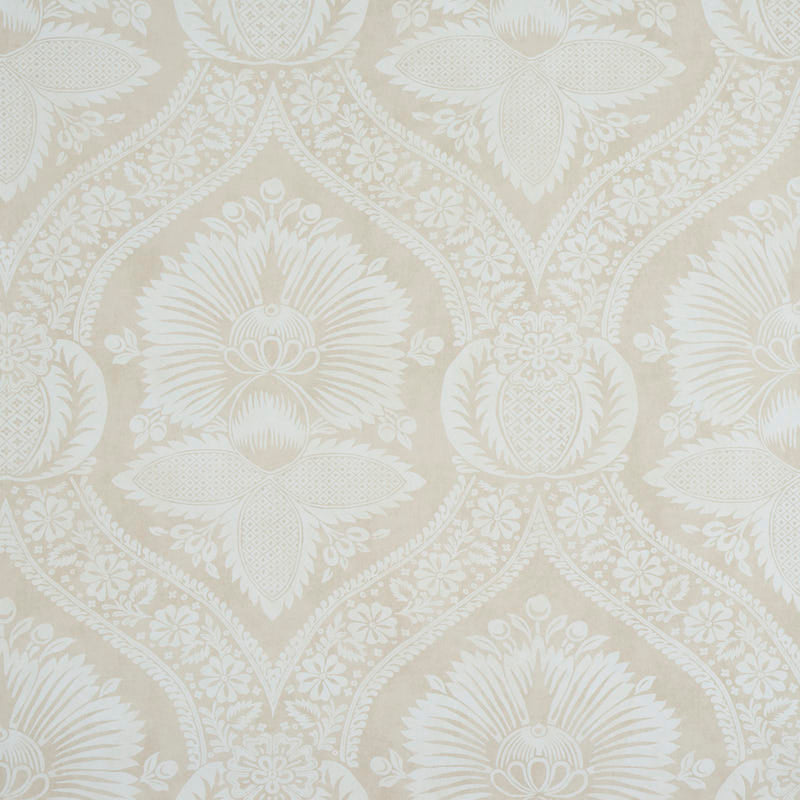 Villandry Damask Print wallpaper in a neutral colorway featuring a stylized damask pattern inspired by French country estates.