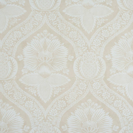 Villandry Damask Print wallpaper in a neutral colorway featuring a stylized damask pattern inspired by French country estates.