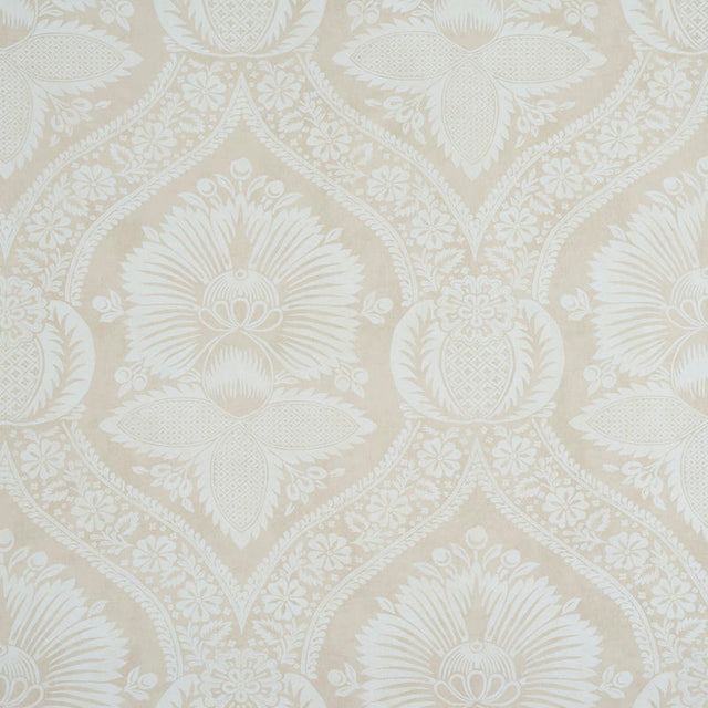 Villandry Damask Print wallpaper in a neutral colorway featuring a stylized damask pattern inspired by French country estates.