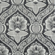 Villandry Damask Print wallpaper in black and white by Schumacher, featuring a stylized damask pattern inspired by French country estates.