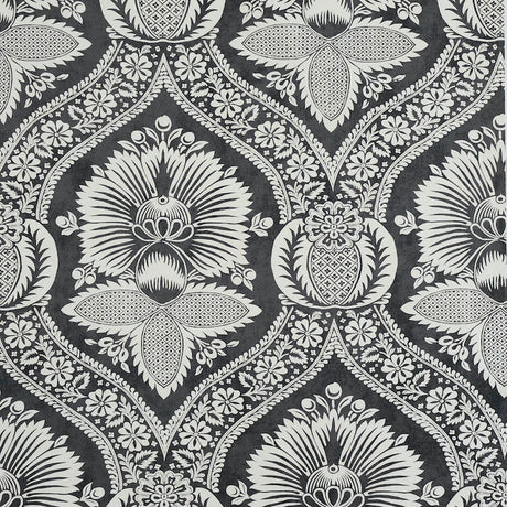 Villandry Damask Print wallpaper in black and white by Schumacher, featuring a stylized damask pattern inspired by French country estates.