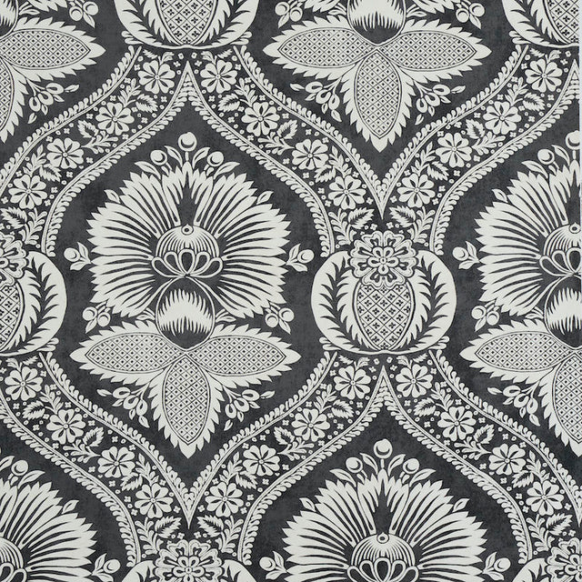 Villandry Damask Print wallpaper in black and white by Schumacher, featuring a stylized damask pattern inspired by French country estates.
