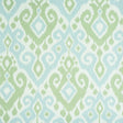 Dedra Damask wallpaper in Mineral & Leaf by Schumacher, featuring a subtle arabesque ikat pattern in green and blue tones.