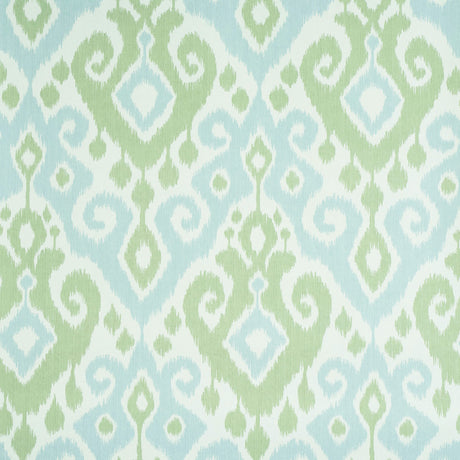 Dedra Damask wallpaper in Mineral & Leaf by Schumacher, featuring a subtle arabesque ikat pattern in green and blue tones.